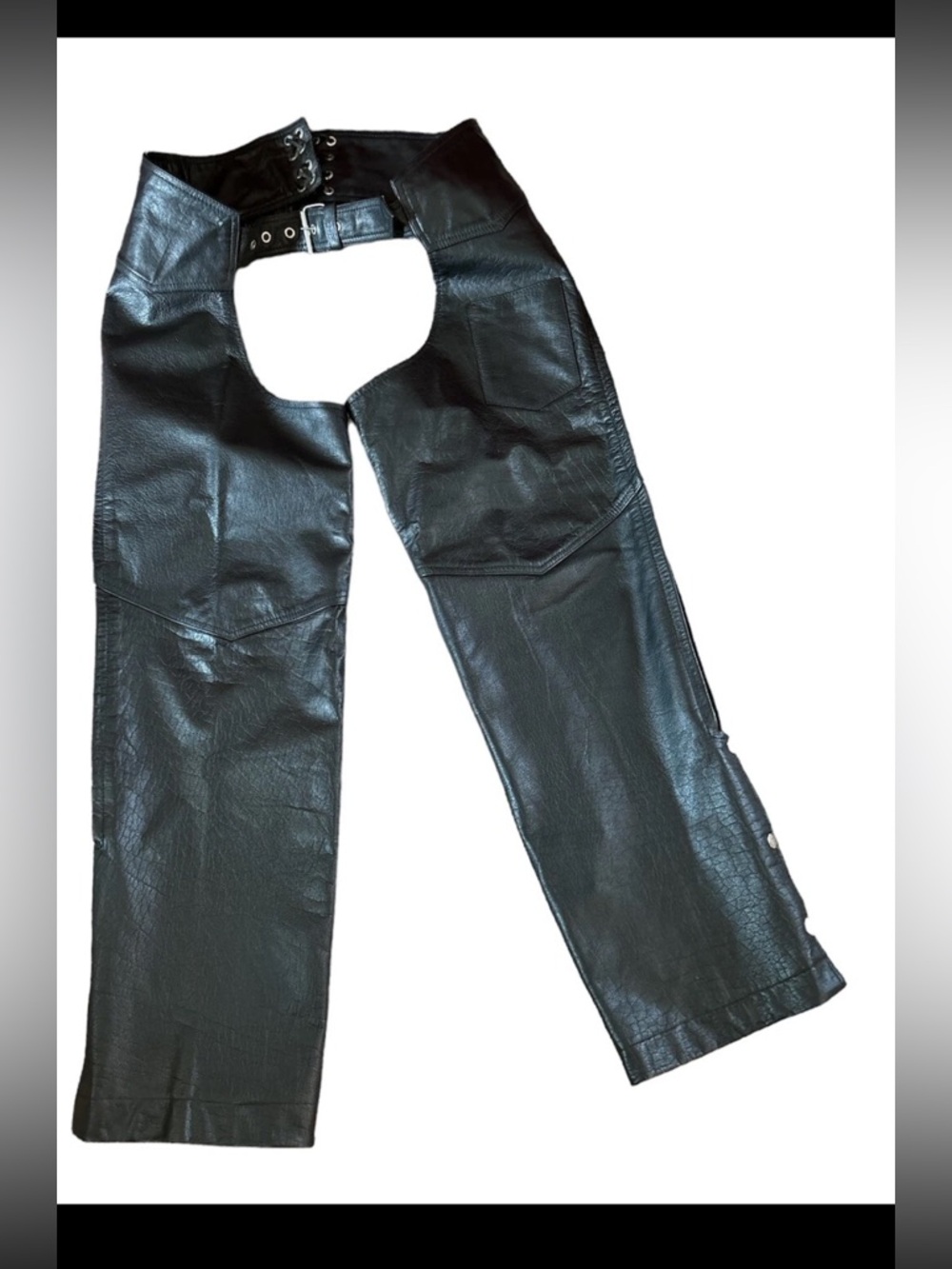 Kookie Genuine Black Leather Chaps Size Medium Biker Harley Rider Zip Buttons